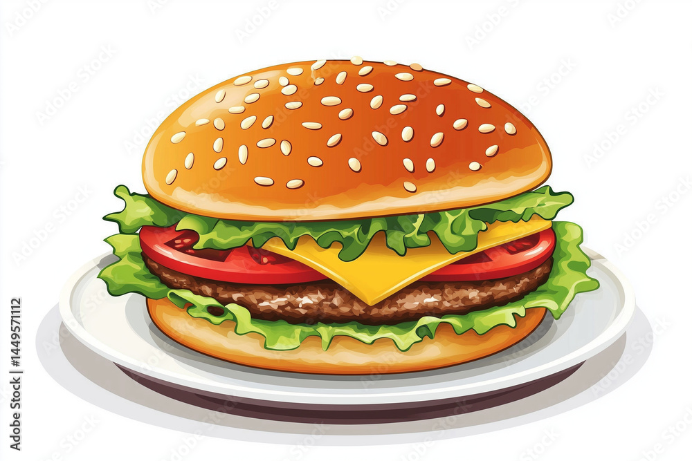 Delicious vector art depicting a hamburger with layers of meat, cheese, and fresh vegetables Delicious vector art depicting a hamburger with layers of meat, cheese, and fresh vegetables