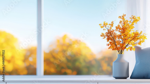 Cozy interior scene featuring vase with orange flowers on white table, bright sunlight streaming through large window, creating warm atmosphere