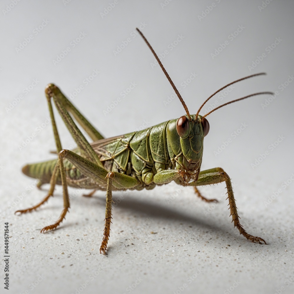 A realistic grasshopper standing on a clean white background.
A realistic grasshopper standing on a clean white background.