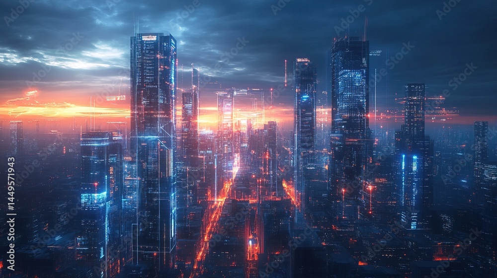 Fototapeta premium Futuristic Cityscape at Sunset