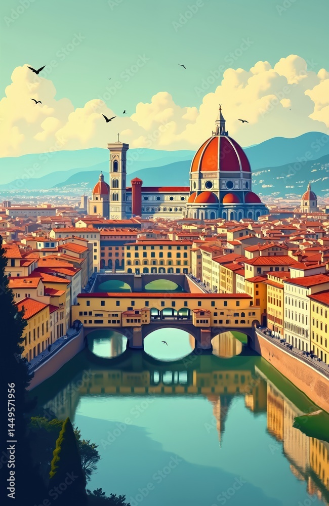 Illustration Florence cityscape, featuring Duomo, cathedral, iconic Ponte Vecchio bridge reflecting in Arno river. Tuscan town panorama, renaissance architecture, historic buildings, european travel