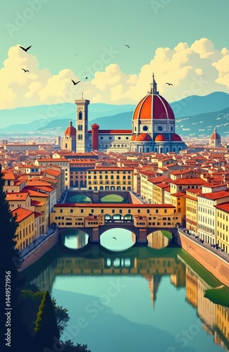 Obraz na płótnie Illustration Florence cityscape, featuring Duomo, cathedral, iconic Ponte Vecchio bridge reflecting in Arno river. Tuscan town panorama, renaissance architecture, historic buildings, european travel w salonie