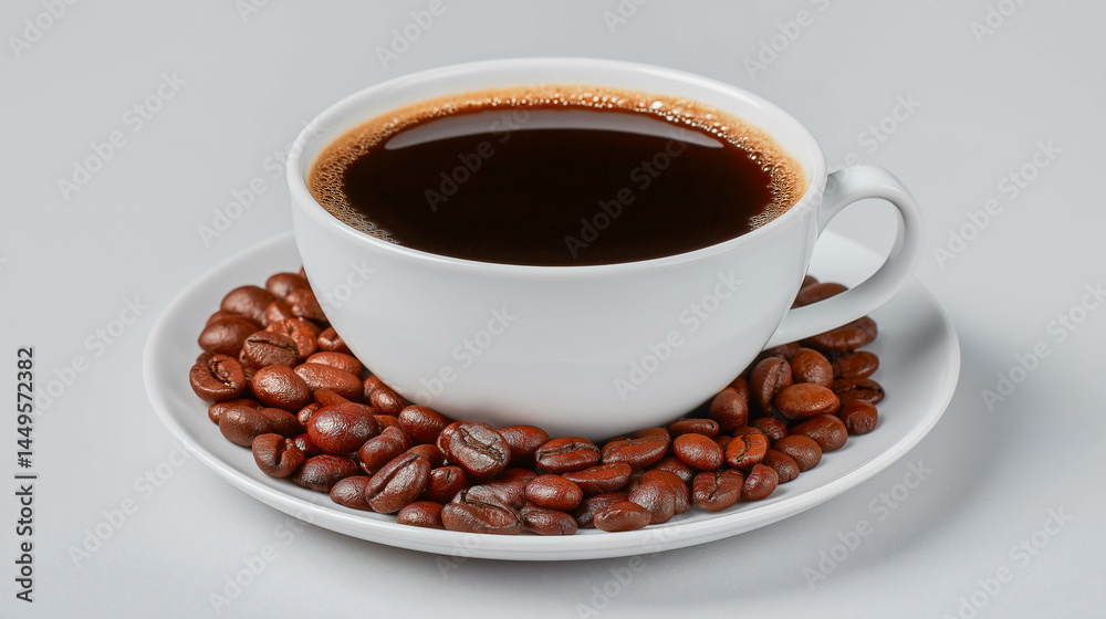 Aromatic Coffee and Beans: An invigorating cup of freshly brewed dark coffee sits gracefully on a saucer, encircled by a heap of roasted coffee beans. Aromatic Coffee and Beans: An invigorating cup of freshly brewed dark coffee sits gracefully on a saucer, encircled by a heap of roasted coffee beans.