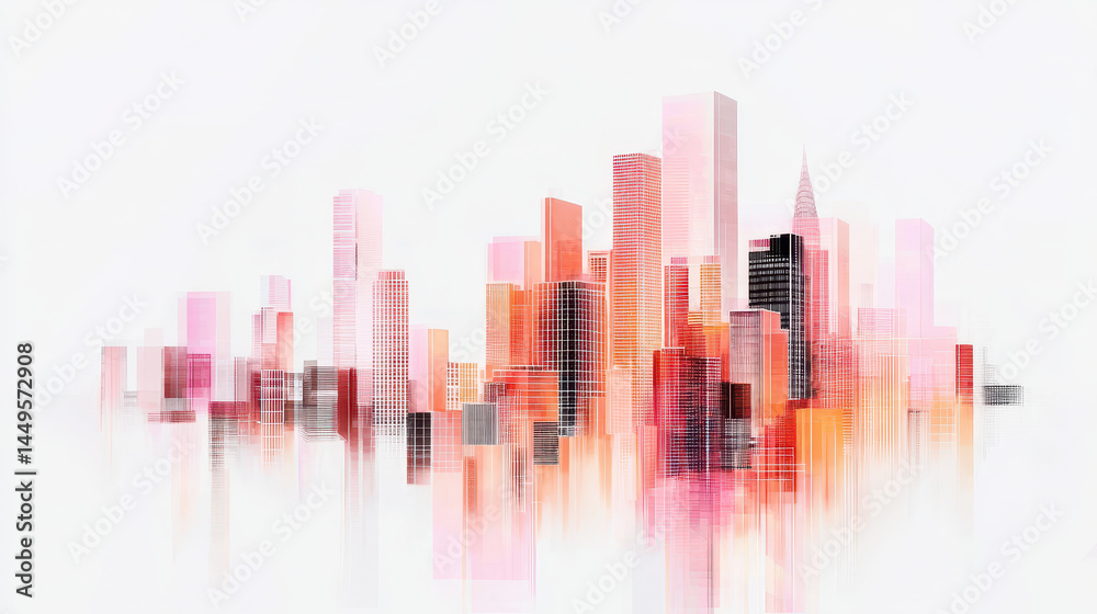 Vibrant, minimalistic cityscape featuring abstract skyscrapers in shades of pink, orange, and black, evoking sense of modernity and energy Vibrant, minimalistic cityscape featuring abstract skyscrapers in shades of pink, orange, and black, evoking sense of modernity and energy