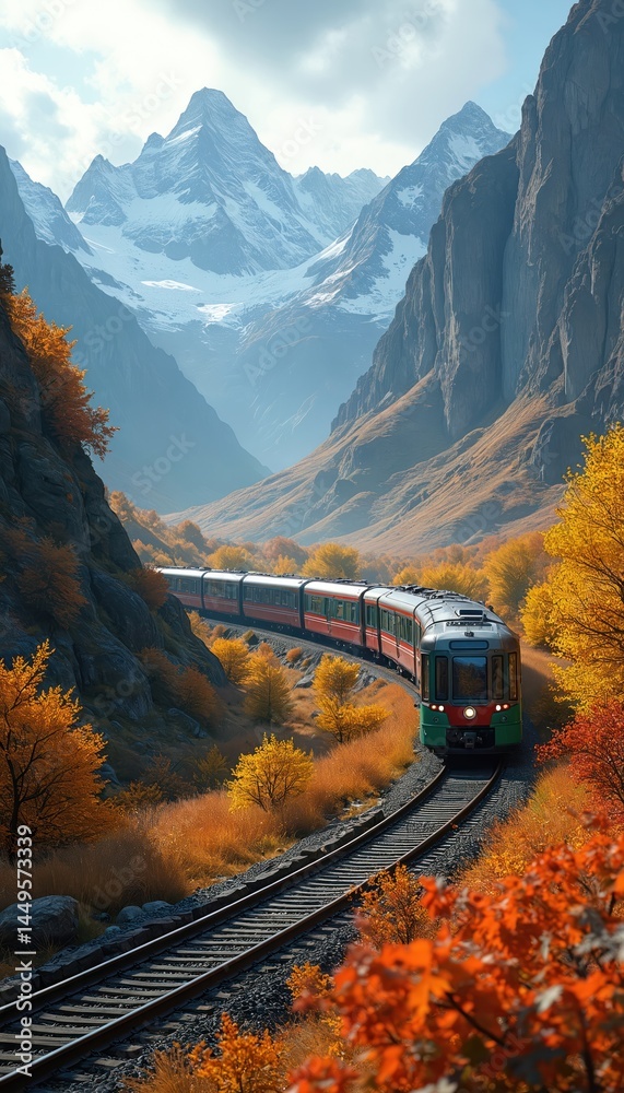 Train travels through mountains. Railroad track winds through valleys, autumn trees. Locomotive journey, passenger transport adventure. Scenic railway, natural landscape, travel tourism concept.