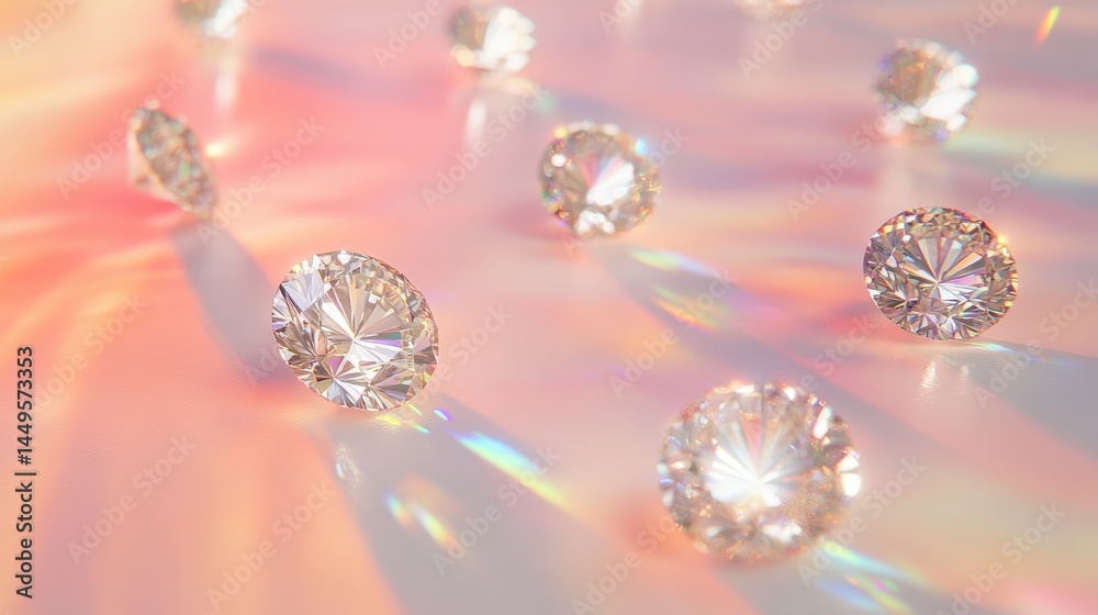 Brilliant Round Cut Diamonds with Sparkling Facets on a Soft Pastel Surface Illuminated by Dreamy Light Brilliant Round Cut Diamonds with Sparkling Facets on a Soft Pastel Surface Illuminated by Dreamy Light