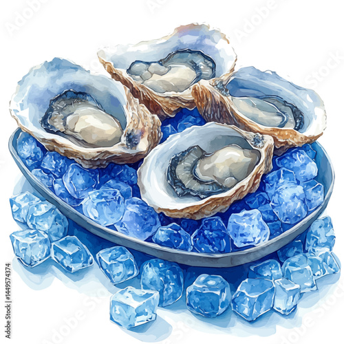 illustration of Oyster Platter On Crushed Ice, watercolor vector, isolated on a white background.