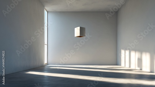 Serene minimalist interior showcasing light play and suspended geometric form