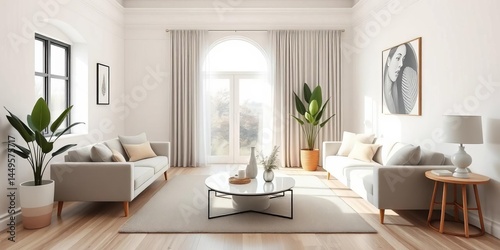 Neutral palette living room  minimalist furniture  soft textures  natural light  serene  beige