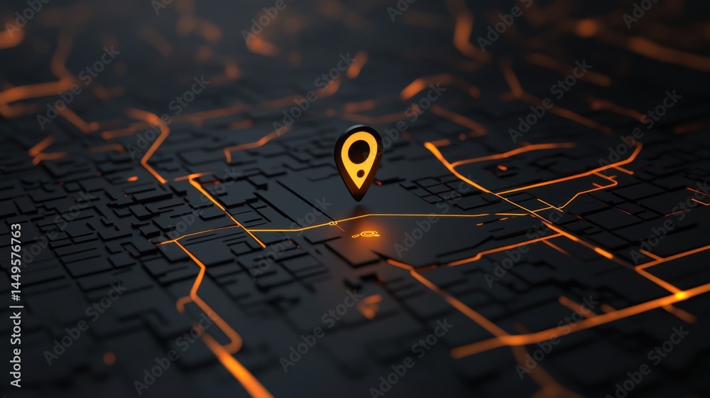 a futuristic 3D map interface with a glowing orange location pin hovering over a digital grid of streets and buildings
