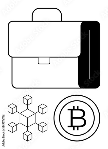 Briefcase symbolizing investment, network cubes signifying blockchain, and Bitcoin logo for cryptocurrency. Ideal for fintech, blockchain technology, digital currency, investment tools, financial