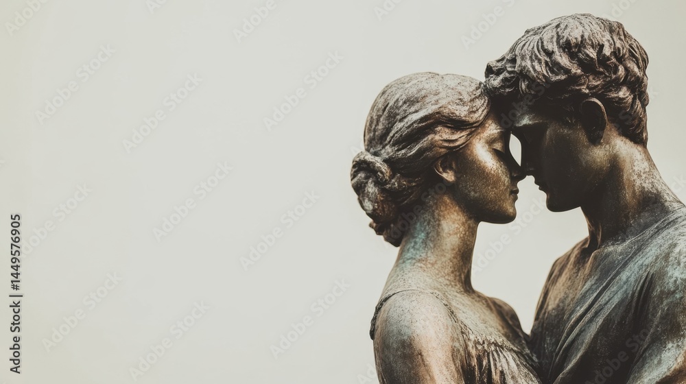 A romantic sculpture of a man and woman made of bronze stands closely together