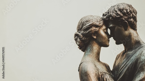 A romantic sculpture of a man and woman made of bronze stands closely together