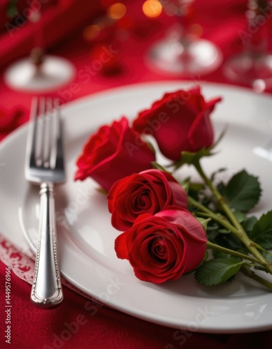 Elegant Red Roses on White Plate with Silverware for Romantic Dining and Special Occasions