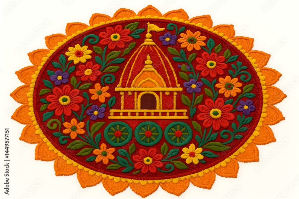 A colorful decorative circle featuring a temple or chariot surrounded by vibrant flowers and foliage. Concept Colorful Decorative Circle, Temple or Chariot Design, Vibrant Flowers, Lush Foliage