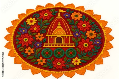 Obraz na płótnie A colorful decorative circle featuring a temple or chariot surrounded by vibrant flowers and foliage. Concept Colorful Decorative Circle, Temple or Chariot Design, Vibrant Flowers, Lush Foliage w salonie