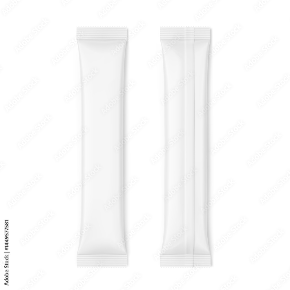 Stick mockup for collagen, powder, granulated product and etc. Front and rare views. Vector illustration isolated on white background. Can be use for template your design, presentation. EPS10. Stick mockup for collagen, powder, granulated product and etc. Front and rare views. Vector illustration isolated on white background. Can be use for template your design, presentation. EPS10.