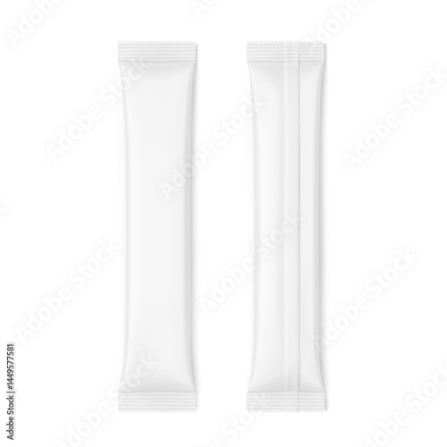 Stick mockup for collagen, powder, granulated product and etc. Front and rare views. Vector illustration isolated on white background. Can be use for template your design, presentation. EPS10.