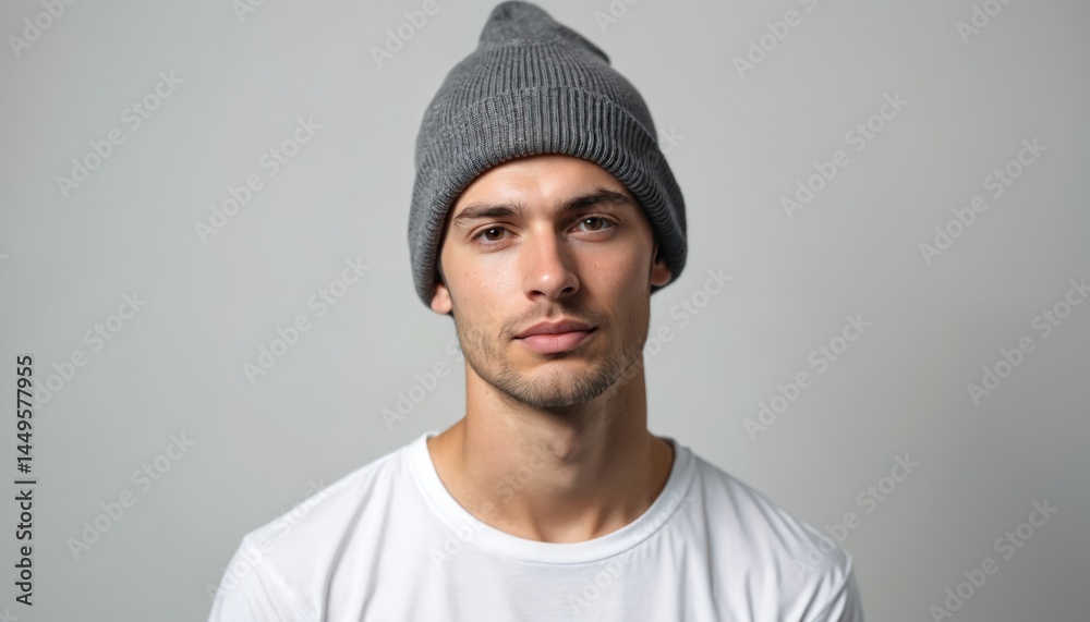 Portrait of young man wearing stylish gray beanie hat on white background. Caucasian male model in modern casual outfit. Trendy hipster with fashionable knitwear hat posing in studio.