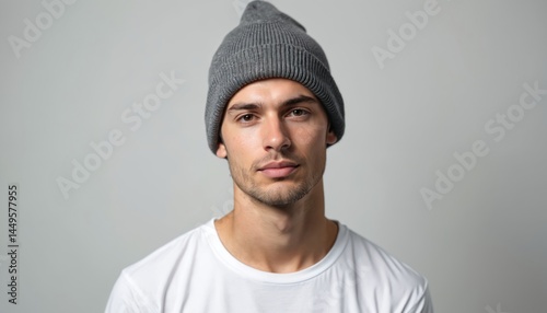 Obraz na płótnie Portrait of young man wearing stylish gray beanie hat on white background. Caucasian male model in modern casual outfit. Trendy hipster with fashionable knitwear hat posing in studio. w salonie