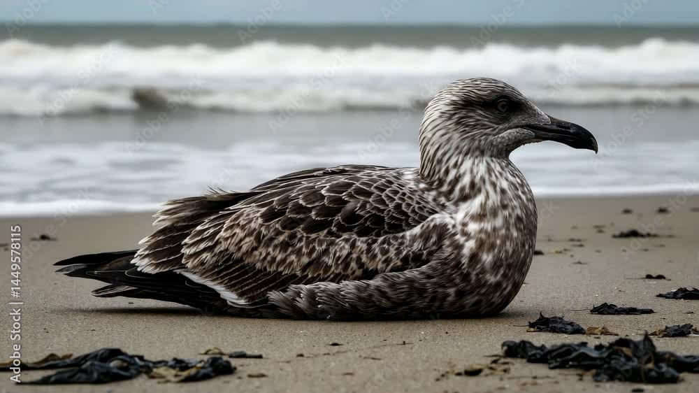 Seagull resting on a polluted beach with oil and debris highlighting environmental issues Seagull resting on a polluted beach with oil and debris highlighting environmental issues