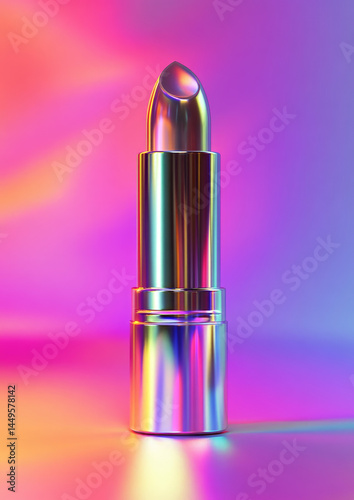 Metallic lipstick tube with iridescent finish for elegant makeup product display
