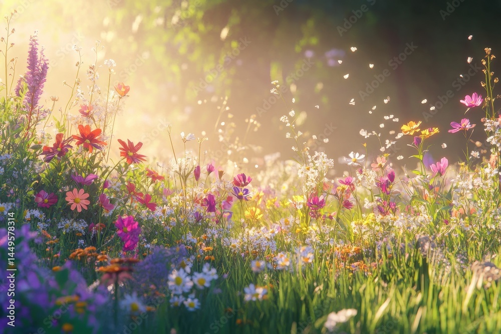 Obraz premium Vibrant meadow flowers bathed in sunlight and morning mist.