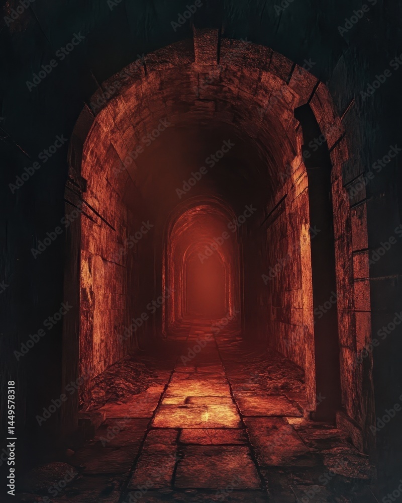 Obraz premium Dark, ancient, arched passageway glows with eerie light.