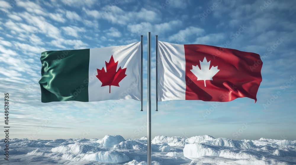 Greenland and canada flags side by side in close-up view Greenland and canada flags side by side in close-up view