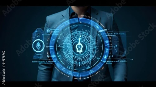 Secure Business Future A Man in a Suit Presents a Digital Lock Symbol Representing Cyber Security and Data Protection