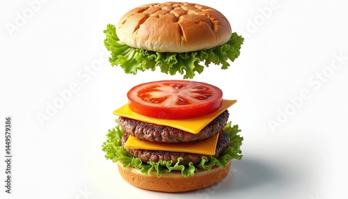 Obraz na płótnie Exploded view burger with ingredients isolated. Includes bread bun lettuce tomato cheese patty. Food fast food concept restaurant menu design, culinary arts. Healthy or unhealthy meal. w salonie