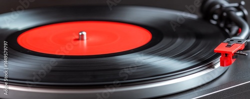 Spinning vinyl record home studio music equipment cozy atmosphere close-up view nostalgic sound