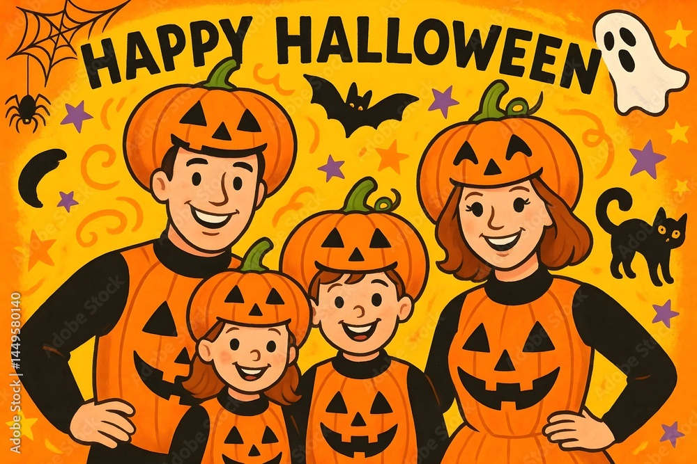 A family dressed in pumpkin costumes celebrates Halloween with festive decorations and smiling faces. Concept Halloween Fun, Pumpkin Costumes, Family Celebration, Festive Decorations, Smiling Faces