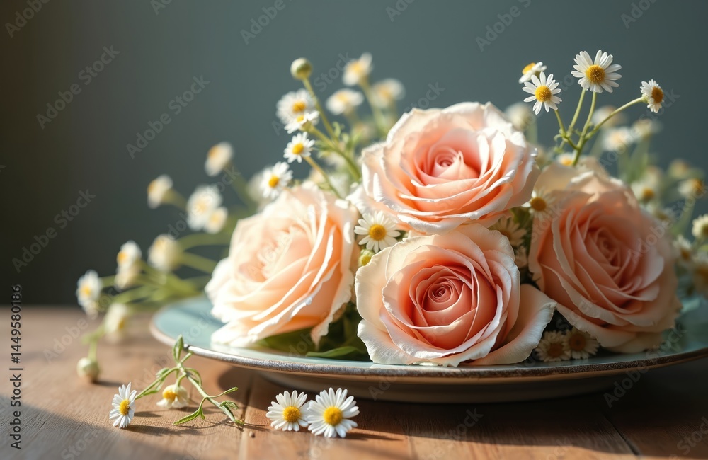 Elegant still life shows delicate peachy pink roses and small white daisies on a plate. Floral arrangement. Natural light. Soft focus, perfect for home decor. Beauty, romantic wedding design.