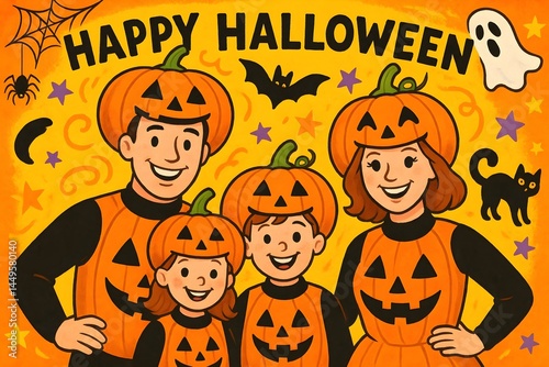 Obraz na płótnie A family dressed in pumpkin costumes celebrates Halloween with festive decorations and smiling faces. Concept Halloween Fun, Pumpkin Costumes, Family Celebration, Festive Decorations, Smiling Faces w salonie