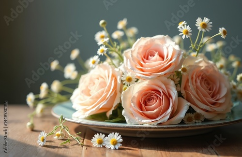 Obraz na płótnie Elegant still life shows delicate peachy pink roses and small white daisies on a plate. Floral arrangement. Natural light. Soft focus, perfect for home decor. Beauty, romantic wedding design. w salonie