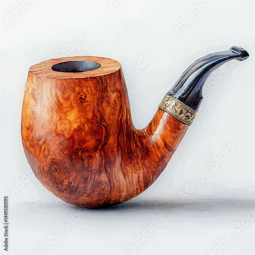 illustration of Ornate Pipe With Carved Wooden Bowl, watercolor vector, isolated on a white background.