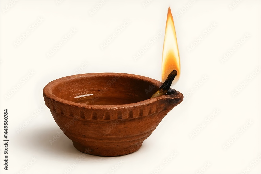 A clay oil lamp with a flame, commonly used for lighting and religious ceremonies. Concept Clay Oil Lamp, Traditional Lighting, Religious Use, Cultural Significance, Flame Symbolism
