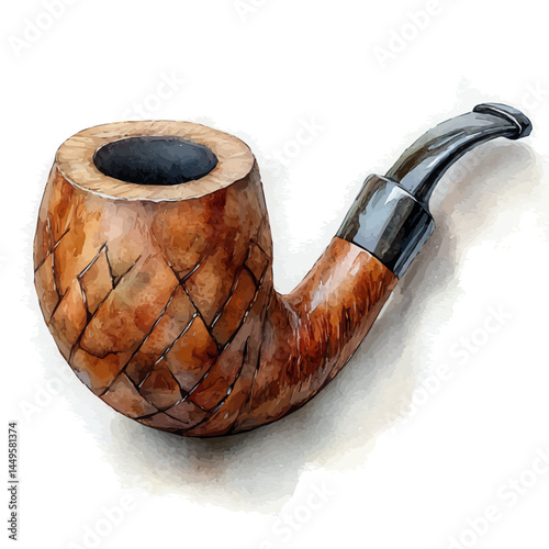 watercolor of Ornate Pipe With Carved Wooden Bowl, vector, isolated on a white background.