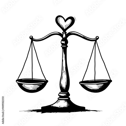 Balanced mood scale with heart, monochromatic sketch style