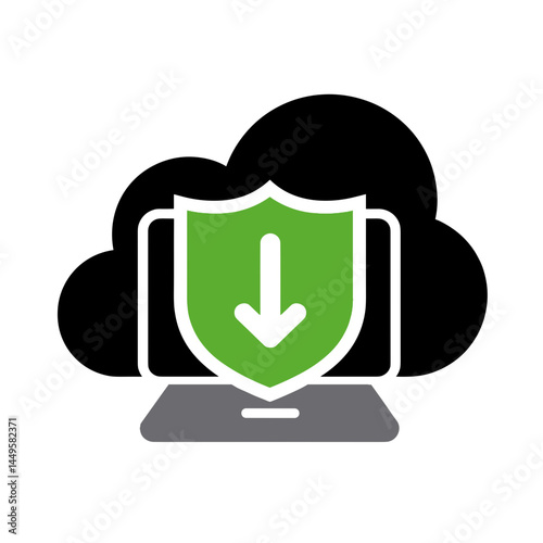 Cloud server with green trust icon on white background, security concept