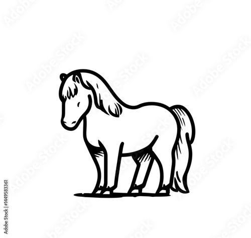 Cute pony vector illustration in black and white. Perfect for children's books, coloring pages, and equestrian-themed designs. Fun, whimsical horse art for digital and print projects.