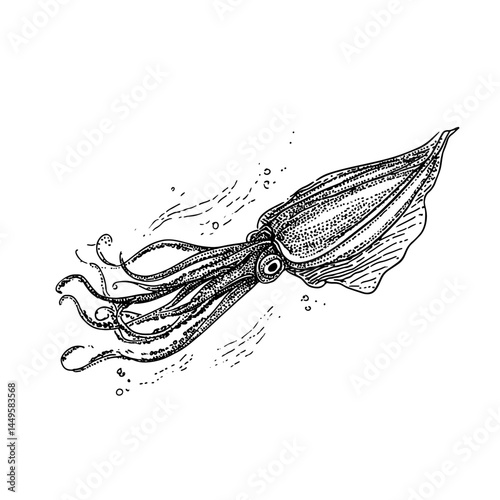Vintage squid vector illustration featuring intricate line art and marine life details. Perfect for ocean-themed designs, educational materials, and underwater exploration concepts.