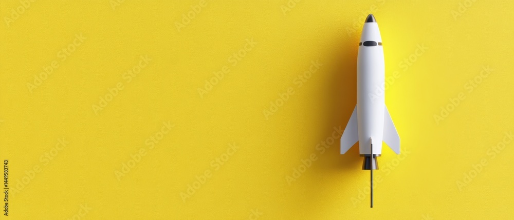 White Rocket on Yellow Background Representing Startups and Innovation Concept with Copy Space White Rocket on Yellow Background Representing Startups and Innovation Concept with Copy Space