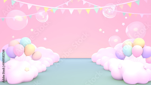 3D render cartoon balloons party with bunting flags.