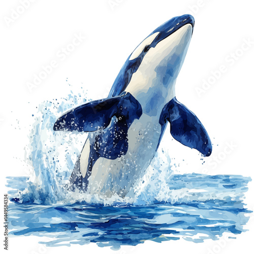 watercolor of Orca Breaking The Ocean Surface, vector, isolated on a white background.