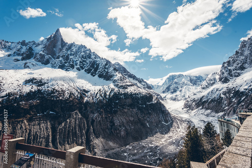 Discover the scenic viewpoint and panoramic views of the Montenvers Mer de Glace and Mont Blanc mountains, and the red train in Chamonix, Haute-Savoie, France.
