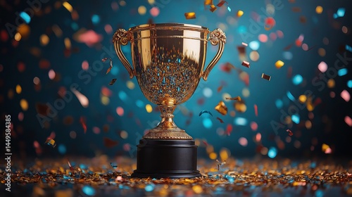 Golden Trophy with Streamers on Blue Background – Symbol of Business Success and Achievement