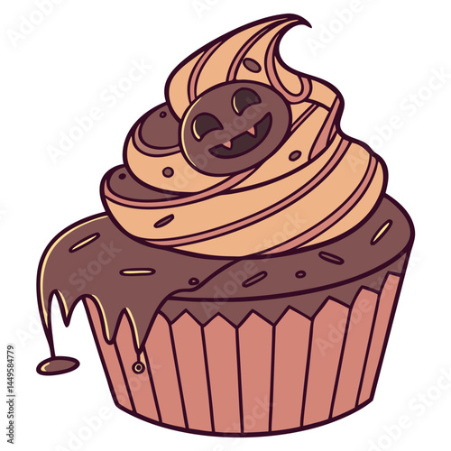 Spooky Chocolate Lava Cupcake with Molten Filling and Face Frosting – Transparent Background. Perfect for: Halloween, costume party, themed dessert table