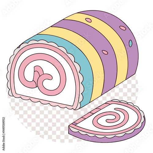 Rainbow Cotton Candy Swiss Roll Cake with Pastel Layers – Transparent Background. Perfect for: Birthday party, kids’ event, spring festival